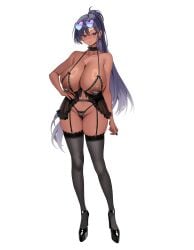absurdres areola_slip black_bra black_garter_belt black_garter_straps black_hair black_nails black_panties black_thighhighs blush bra breasts brown_eyes cleavage collarbone commentary commission cross cross_pasties dark-skinned_female dark_skin earrings english_commentary english_text eyewear_on_head female full_body garter_belt garter_straps gradient_hair hair_between_eyes heart heart-shaped_eyewear high_heels highres huge_breasts jewelry lingerie long_hair looking_at_viewer multicolored_hair nail_polish negligee original panties pasties ponytail profanity purple_eyes revision simple_background smile standing sunglasses thighhighs two-tone_hair underwear very_long_hair white_background yan.c