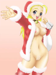 1girls bell blonde_hair blue_eyes breasts christmas christmas_outfit female female_only hat history&#039;s_strongest_disciple_kenichi long_hair miu_furinji nipples nude pointy_chin pussy santa_hat solo thighhighs uncensored vagina