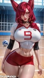 1girls ai_generated animal_ears female hourglass_figure huge_breasts large_breasts league_of_legends muscular navel red_hair red_lipstick riot_games shorts skindentation sky4maleja solo volleyball volleyball_uniform xayah yellow_eyes