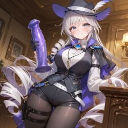 1girls ai_generated asymmetrical_legwear black_hat black_shorts black_stockings black_vest detective_(silver_palace) drill_hair feather_hat female female_only hat holding holding_dildo horse_dildo huge_dildo looking_at_viewer purple_dildo purple_hair shorts silver_palace solo solo_female solo_focus stockings thick_thighs thighhighs thighs veiny_penis very_long_hair vest