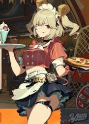 2girls anthro apron barefoot barelegs burger burnice_white fast_food fast_food_uniform fingerless_gloves fries hair_ornament leather_skirt milkshake ppangchil tagme thighstrap waitress waitress_uniform zenless_zone_zero