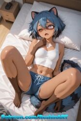 above ai ai_generated anthro breasts crop_top female from furry michiru michiru_kagemori nervous patreon petite raccoon raccoon_girl reshinart short_shorts shorts small_breasts watermark