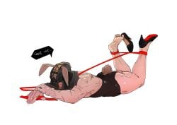 1boy absurd_res blue_eyes bondage bright_pupils bunny_costume bunny_ears bunny_tail bunnysuit gay heels helmet konig laying_down laying_on_floor leash looking_at_viewer male male_only mask masked_male muscular muscular_male no_body_hair no_underwear playboy_bunny scar scars scars_all_over shackles simple_background solo solo_focus solo_male soysauce0u0 text text_bubble