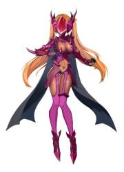 absurdres armor assault_visor bodysuit breasts cape corruption cosplay dark-skinned_female dark_persona dark_shine dark_skin diver_(765610768) fake_horns female full_body gauntlets helmet highres horned_helmet horns large_breasts long_hair medium_breasts navel orange_hair purple_thighhighs shindou_hikari skin_tight solo soukou_senki_prism_reica soukou_senki_prism_shine thighhighs transparent_background twintails very_long_hair