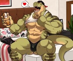 anthro balls bara barazoku bulge darknaigart dinosaur flaccid jace_(darknaig) male male_only muscles muscular penis phone scalie sitting solo solo_male tyrannosaurus_rex