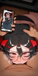 1boy ass black_hair black_panties blowjob blush brown_skin chubby deepthroat desk feet fellatio female glasses hairclip head_grab hi_res high_resolution highres hizake holding_phone hoodie kashu_(hizake) light_skin looking_at_partner looking_at_viewer mozu_(hizake) nude_male oc oral_penetration oral_sex original_character panties phone pov pubic_hair red_eyes selfie snot sucking sucking_penis sweat toes two_tone_hair