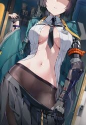 ai_generated armored_gloves clothed exposed_breasts exposed_chest exposed_stomach fingerless_gloves hoshimi_miyabi mechanical_arm mechanical_gloves neck_tie partially_clothed partially_clothed_female prosthetic_arm shirt_open skirt_down skirt_pull stockings sweat sweaty tie tights zenless_zone_zero