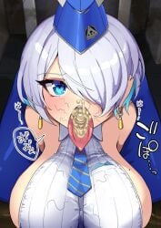 after_fellatio ahoge bare_shoulders barely_contained_breasts blue_eyes blue_hair blue_leggings blush blushing_female breasts brid_(nikke) cleavage cum_in_mouth cum_in_nose earrings emotionless emotionless_female empty_eyes erection female femsub goddess_of_victory:_nikke hat huge_breasts indifference indifferent japanese_text kneeling leggings ninopal open_mouth short_hair tongue_out trembling unamused unamused_sex unbothered uncaring unenthusiastic unenthusiastic_sex voluptuous voluptuous_female white_hair