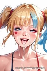 1girls ai_generated batman_(series) cum cum_on_face dc dc_comics enjoying enjoyment female happy harleen_quinzel harley_quinn harley_quinn_(classic) harley_quinn_(suicide_squad_isekai) pleasure_face pleasured_female stormy83inn suicide_squad_isekai tagme the_suicide_squad video watermark