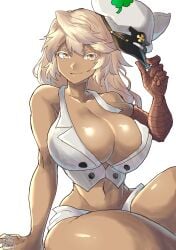 1girls alternate_breast_size arc_system_works big_breasts blonde_hair breasts chikoinochi dark-skinned_female dark_skin female female_only guilty_gear guilty_gear_strive hat holding_object huge_breasts large_breasts looking_at_viewer ramlethal_valentine smile solo thick_thighs torn_clothes