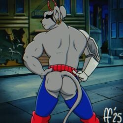1:1 1boy 2025 anthro ass back_view bara biker_mice_from_mars dated fabfelipe male male_only modo_(bmfm) muscular piercing screencap_background solo tagme