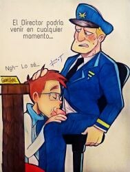 2018 2boys blonde_hair blush blushing brown_hair clothed clothed_sex clothing duo el_general el_nerd fellatio gay genitals hand_on_head headwear huevocartoon male male/male male_only marcianos_vs._mexicanos oral_sex penis sitting sitting_on_chair spanish_text sweat sweatdrop text traditional_media_(artwork) yaoi