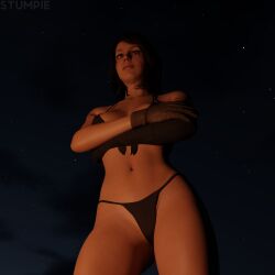 1girls 3d brown_hair brown_hair_female campfire female hi_res medium_ass metal_gear_solid night night_sky ponytail ponytail_female posing quiet_(metal_gear) romantic romantic_ambiance romantic_night solo stefanie_joosten stumpie