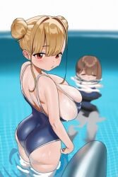 ass_focus big_ass big_breasts huge_breasts looking_at_viewer looking_back one-piece_swimsuit petite shortstack swimming_pool swimsuit