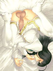 black_hair clothed futanari highres intersex large_testicles nanto_yaya on_back penis penis_under_skirt solo_futa strawberry_panic! thighhighs yn_red