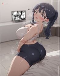 1boy 1boy1girl 1girls ass ass_focus bed bedroom bike_shorts black_hair boku_no_kokoro_no_yabai_yatsu brown_eyes caught caught_in_the_act caught_masturbating female female female_focus female_human female_only ichikawa_kyoutarou looking_at_viewer looking_back male male/female masturbation masturbation_through_clothing mature mature_female nervous ponytail pussy pussy_juice recording recording_on_phone shorts shy sports_bra standing steam steaming_body surprised thick_ass thick_thighs tv voluptuous wet wet_body wet_pussy yamada_anna