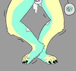 anthro balls blue_body bodily_fluids braejidraws canid canine chasity chastity_cage chastity_device cum cum_on_face cum_on_feet feet genital_fluids genitals hi_res looking_pleasured male male/male mammal pawpads paws penis shaking_legs small_balls small_penis solo yellow_body