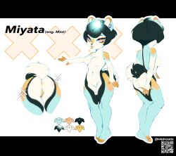 anthro anus blue_body blue_fur blue_hair breasts ear_piercing featureless_breasts featureless_crotch female front_view fur gauged_ear genitals hair hi_res humanoid_genitalia humanoid_pussy markings model_sheet navel orange_eyes orange_markings piercing pussy rear_view short_hair simple_background solo sonyan standing white_body white_fur