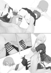 1boy 2girls anus ass bar_censor censored ceres_fauna ceres_fauna_(goth) clothed_female_nude_male clothed_sex commentary doggy_style english_commentary erection eyes_visible_through_hair ffm_threesome finger_to_mouth group_sex hair_over_one_eye hololive hololive_english monochrome multiple_girls nanashi_mumei nanashi_mumei_(emo) nude official_alternate_costume official_alternate_hair_length official_alternate_hairstyle on_bed penis pillow pleated_skirt pussy recklessdraw sex sex_from_behind sexual_coaching short_hair skirt smile spread_pussy spreading_another's_pussy straight tank_top thigh_strap threesome top-down_bottom-up vaginal_penetration virtual_youtuber