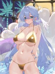 alternate_costume animated animated armpit_crease arms_behind_back bare_shoulders bikini blue_nails blush breasts bubble censored closed_mouth collarbone cowboy_shot earrings embarrassed feathered_wings female gold_bikini green_eyes groin hair_between_eyes hair_intakes halo hand_up head_wings honkai:_star_rail honkai_(series) indoors jewel_under_eye jewelry large_breasts long_hair looking_at_viewer mosaic_censoring nail_polish navel nipples paid_reward_available purple_hair pussy robin_(honkai:_star_rail) smile solo stomach string_bikini swimsuit very_long_hair wading water waterring wet wings