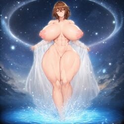ai_generated brown_hair galaxy galaxy_background large_ass large_breasts large_thighs muscular muscular_female original original_character standing_on_water tagme water yellow_eyes