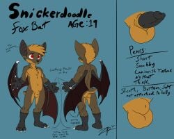 5:4 animal_genitalia anthro backsack balls bat big_ears brown_body brown_fur canid canine english_description english_text erection fox front_view fully_sheathed fur genitals hi_res hybrid male male_only mammal model_sheet nude penis rear_view red_eyes red_wings sheath text wings zephyrpanthur