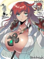 between_breasts bodysuit breasts bursting_breasts candy chikoinochi female food guilty_gear guilty_gear_strive highres huge_breasts jack-o'_valentine japanese_text lollipop multicolored_hair no_bra red_hair shiny_skin solo talisman two-tone_hair