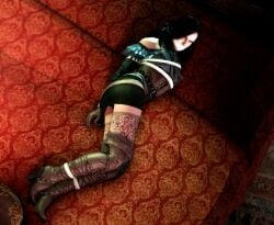 3d bed bedroom black_hair bondage captured captured_heroine cd_projekt_red clothing female gagged high_heel_boots high_heels light-skinned_female looking_at_viewer lying_on_bed mascara panties purple_eyes skyripe solo solo_female stockings the_witcher_(series) the_witcher_3:_wild_hunt yennefer