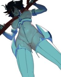 1girls black_hair english_dialogue english_text kill_la_kill kiryuuin_satsuki_(cosplay) looking_at_viewer looking_down low-angle_view matoi_ryuuko medium_breasts red_hair shaved_pussy short_hair two_tone_hair usurper2001