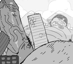 armpit_hair asleep balls bara big_penis body_hair boner buildings closed_eyes crawdunk64 dom_(crawdunk64) erection facial_hair macro male male_only monochrome muscles muscular nude orc penis sleeping solo solo_male