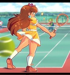 1girls 2025 2boys 2d 2d_(artwork) annoyed annoyed_expression ass ass_peek blue_overalls brown_hair clothing crown dress_lift earrings female female_focus flower_earrings green_hat hat highres holding_tennis_racket long_hair long_socks looking_back luigi male manys_art mario_(series) mario_tennis mario_tennis_(n64) mushroom mushroom_humanoid nintendo outdoors princess princess_daisy royalty shoes socks sparkles sweat sweating tennis_ball tennis_court tennis_racket toad_(mario) voluptuous voluptuous_female white_socks