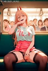 :d ai_generated artist_name black_panties black_thighhighs blonde_hair blush breasts brown_thighhighs censored chainsaw_man clitoris clothes_lift clothing_aside collarbone cross-shaped_pupils crotchless crotchless_panties demon_horns exhibitionism feet_out_of_frame female garter_straps hair_between_eyes high-waist_skirt horns just_pepel long_hair looking_at_viewer medium_breasts mosaic_censoring multiple_boys multiple_girls open_mouth orange_eyes panties panties_aside patreon_username pink_skirt power_(chainsaw_man) presenting public_indecency pussy red_horns sharp_teeth shirt short_sleeves sitting skirt skirt_lift smile solo_focus spread_legs spread_pussy symbol-shaped_pupils teeth thighhighs train_interior underwear watermark web_address white_shirt