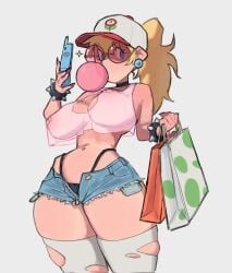 1girls breasts female mario_(series) nipple_piercing princess_peach ruka481 shorts tagme thong transparent_clothing