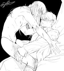 2boys blush gay gintama gintoki_sakata hand_on_another's_head imminent_sex katsura_kotarou long_hair long_hair_male looking_at_another male male_only mintsun0120 monochrome saliva_trail side_view straddling sweat thong topless topless_male yaoi