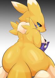 absurd_res anthro areola bandai_namco biped blue_eyes bodily_fluids breasts canid canine digimon digimon_(species) female glistening glistening_body hi_res holding_breast mammal neck_tuft nipples open_mouth pink_areola pink_nipples rear_view renamon simple_background solo sweat tuft type yellow_body