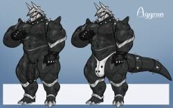 16:10 abs aggron balls barazoku black_body black_penis bulge chesschirebacon digital_drawing_(artwork) digital_media_(artwork) generation_3_pokemon genitals glans hi_res male muscular muscular_male nintendo nipples pecs penis pokemon pokemon_(species) solo tail widescreen