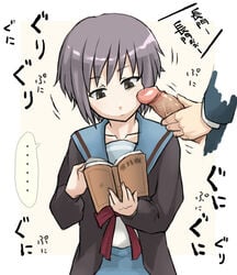 bad_aim book bored brown_eyes cardigan censored cheek_poke enoshima_iki male_masturbation masturbation nagato_yuki penis penis_on_cheek penis_on_face poking reading school_uniform serafuku short_hair silver_hair suzumiya_haruhi_no_yuuutsu translated