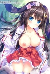 absurdres ameto_yuki animal_ears black_hair blue_eyes blush breasts cameltoe cleavage clothes_lift flower hair_flower hair_ornament hakama hakama_skirt highres japanese_clothes large_breasts long_hair miko nipples no_bra noir_(ameto_yuki) original panties ribbon-trimmed_sleeves ribbon_trim shy skirt skirt_lift thighhighs third-party_source underwear white_thighhighs wide_sleeves