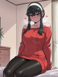 1girls ai_generated astralgazer black_hair black_pantyhose blush blush blush_lines blushing_at_viewer earrings exposed_shoulders female female hair_band heart heart_symbol long_hair looking_at_viewer no_bed off_shoulder pantyhose red_eyes red_shirt red_sweater seductive seductive_look seductive_smile sitting smile spy_x_family steam steaming_body sweat sweatdrop sweater sweaty thighs yor_briar yor_forger