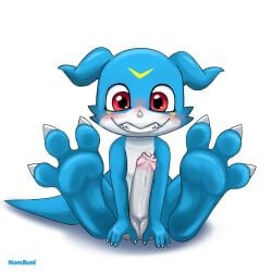 1:1 3_toes 4_fingers anthro anthropornorphic aroused aroused_male aroused_smile artist_name bandai_namco big_feet blue_body blush blush_lines bodily_fluids claws digimon digimon_(species) digital_drawing_(artwork) digital_media_(artwork) dripping erection feet fingers foot_focus front_view genital_fluids genitals grin grinning_at_viewer hi_res humanoid_genitalia humanoid_penis long_tail looking_at_viewer male multicolored_body nomibuni penis precum precum_drip red_eyes shaded simple_background sitting sitting_on_ground smile smiling_at_viewer solo tail text toe_claws toes two_tone_body veemon white_background white_body