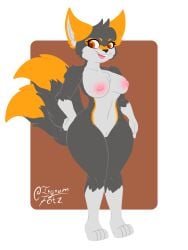 3:4 absurd_res ambar_eyes anthro areola big_breasts breasts canid canine female fox fur genitals grey_body grey_fur hi_res irgram irgramfox looking_at_viewer mammal nintendo nude orange_body orange_fur pussy simple_background smile solo tail two_tail white_body white_fur