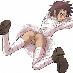 ass black_hair blush d.gray-man dark_skin frills innie_pussy long_legs lying mosha no_panties pussy road_kamelot short_hair skirt smile solo striped striped_legwear striped_thighhighs thighhighs uncensored zettai_ryouiki