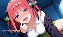 1boy 1girls ai_generated bangs black_cardigan black_ribbon blue_eyes blunt_bangs blush breasts butterfly_hair cardigan cleavage collared_shirt cowgirl_position female go-toubun_no_hanayome green_skirt hair_ornament hair_ribbon indoors looking_at_viewer nakano_nino open_mouth ornament panties patreon pink_hair pleated_skirt ribbon saliva shirt skirt straight tongue tongue_out underwear white_shirt zenaai