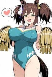 ai_generated animal_ears big_breasts brown_hair cheerleader female green_eyes hair_accessory hair_ornament hikimayu horse_girl inari_one_(umamusume) nipples_visible_through_clothing twintails twintails umamusume umamusume_pretty_derby