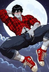 adventure_time ai_generated arm_behind_head biting_lip black_hair broad_shoulders bulge bulge_through_clothing fangs flannel_shirt flying ginger_himboo grey_skin grey_skin hairy hairy_abs hairy_arms hairy_chest hairy_legs hairy_male hairy_pecs hairy_pectorals hand_on_bulge happy_trail in_air male_only marshall_lee muscles muscles_through_clothes muscular muscular_abs muscular_arms muscular_calves muscular_chest muscular_legs muscular_male muscular_pecs muscular_pectorals muscular_shoulders muscular_thighs muscular_trap pecs pectorals pubic_hair red_eyes red_shoes ripped_jeans tight_clothing touching_bulge treasure_trail vampire white_socks