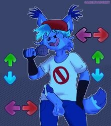 anthro bad_anatomy black_eyes boyfriend_(friday_night_funkin) canelitabunny cum cum_in_penis erection friday_night_funkin furry light_blue_fur light_blue_hair lynx tongue