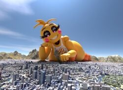 1girls 3d 3d_(artwork) animatronic animatronic_female animatronic_girl bib big_breasts breasts building buildings city commission female female_focus female_only five_nights_at_freddy's five_nights_at_freddy's_2 heart-shaped_pupils huge_toy_chica large_boobs large_breasts laying_down looking_down mikesmike nipple nipple_piercing pussy smile smiling solo solo_female solo_focus thick_thighs thighs toy_chica_(fnaf) toy_chica_(love_taste) vagina yellow_body