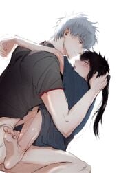 2boys aged_down barefoot black_hair blush bottomless crying_with_eyes_open gay gintama gintoki_sakata hand_on_another's_head hijikata_toshiro implied_anal implied_sex kimono long_hair long_hair_male looking_at_another male male_only no_visible_genitalia ponytail rwwwooo smile tears time_paradox toe_curl white_hair yaoi