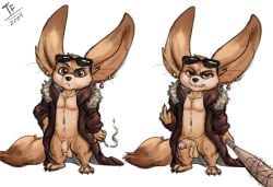 3_toes 4_fingers angry anthro balls baseball_bat bat_(object) big_ears body_hair bottomless brown_eyes canid canine cigarette clothed clothing disney erection eyewear feet fennec_fox fennephilim_fox fingers finnick_(zootopia) flaccid foreskin fox fur genitals gesture golden_ear_ring hairy_balls hand_gesture hi_res holding_cigarette holding_object humanoid_genitalia humanoid_penis jacket jacket_only looking_at_viewer male mammal middle_finger nude penis solo spiked_bat sunglasses tan_body tan_fur toes topwear topwear_only true_fox vein veiny_penis zootopia