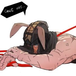 1boy absurd_res blue_eyes bright_pupils bunny_costume bunny_ears digital_drawing_(artwork) digital_media_(artwork) gay helmet konig laying_down laying_on_floor laying_on_stomach leash looking_at_viewer male male_only mask masked_male muscular muscular_male no_background no_shading playboy_bunny scar scars scars_all_over simple_background solo solo_focus solo_male soysauce0u0 text text_bubble